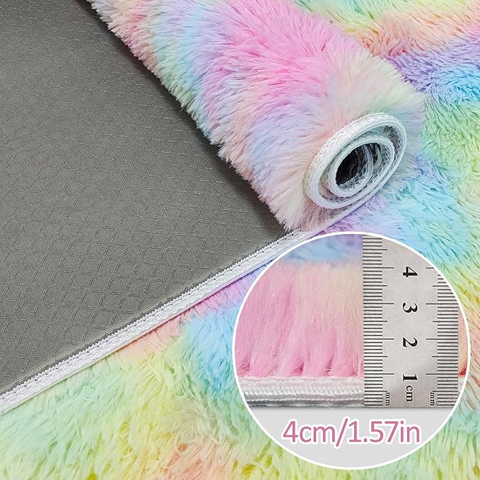 Fluffy Rainbow Rug for Girls Bedroom 2x8 Feet Kawaii Tie Dye Area Rug Colorful - Image 4