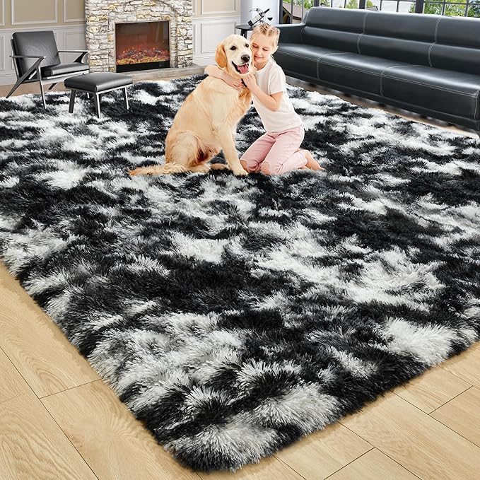 5x7 Tie-Dyed Black and White Fluffy Area Rug Non-Slip by ModernHomeDecor