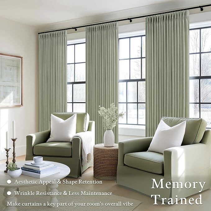 96 Inch Sage Green Linen Pinch Pleated Light Filtering Curtains 2 Panels | - Image 2