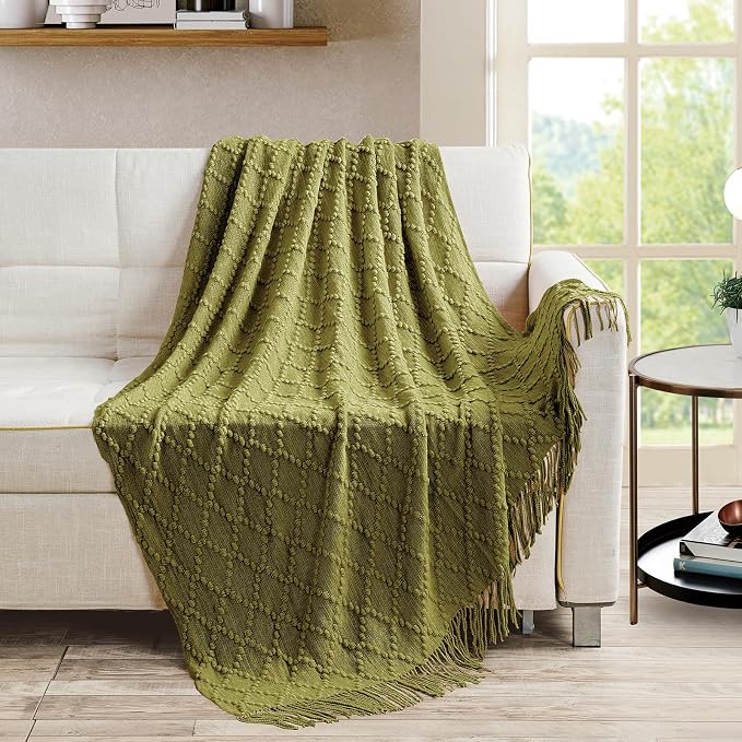 BOURINA Olive Throw Blanket 50 x70 Inches Jacquard Argyle Throw Textured Solid - Image 2