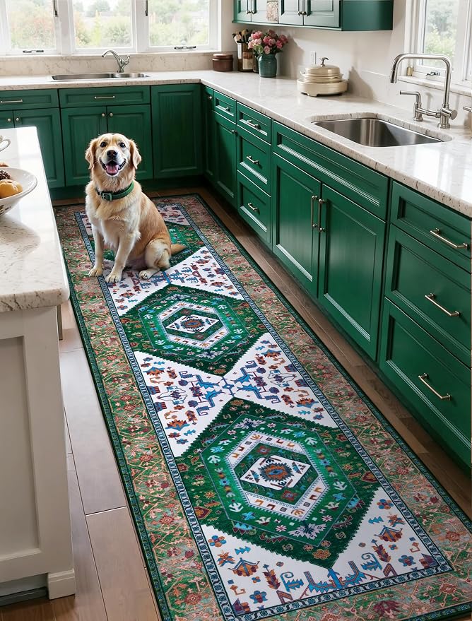 SERISSA Runner Rug for Hallways, Long Boho Rug Vintage Green White Hallway - Image 3
