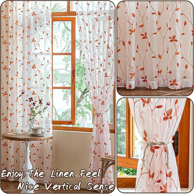 AmHoo 2 Panels Embroidered Leaf Pattern Semi Sheer Curtains Foliage Floral - Image 5