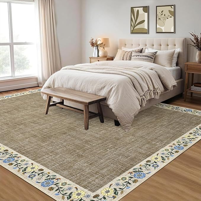 GarveeHome Washable Living Room Rug 9x12 Floral Bordered Area Rugs Soft Thin - Image 2