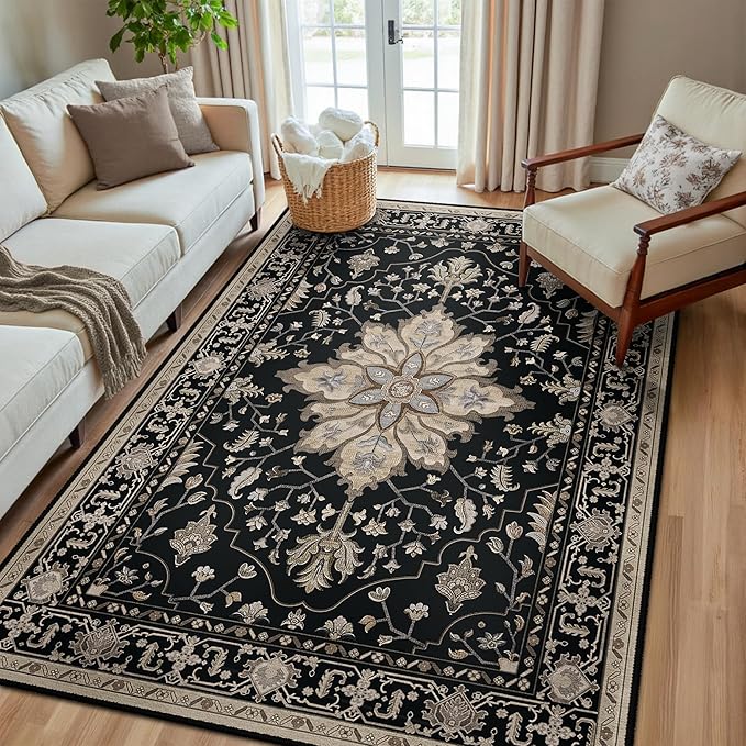 Area Rugs 5'x8' Washable Non-Slip, Floral Vintage Distress Print Pattern by RELEANY