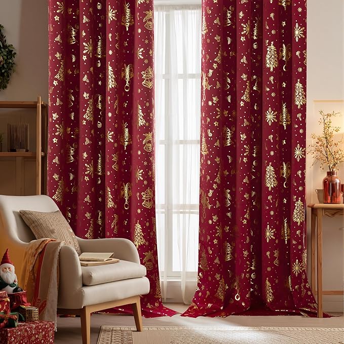 NICETOWN 2 Panels Christmas Red Curtains 52 x 84 Inch, Xmas Theme Window by NICETOWN