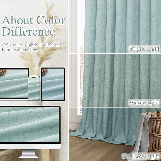 Guken Light Blue 100% Blackout Linen Curtains 108 Inch Length 2 Panels Set - Image 7