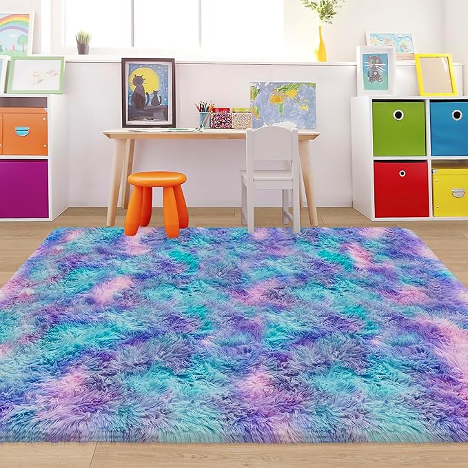 Tie-Dye Purple Rainbow Fluffy Rug by JiaoBaba
