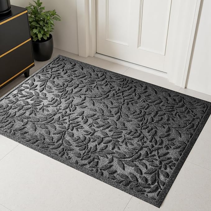 Grey Leaves Outdoor Indoor Entrance Door mat, Absorbent Durable Heavy Duty by VivaNest