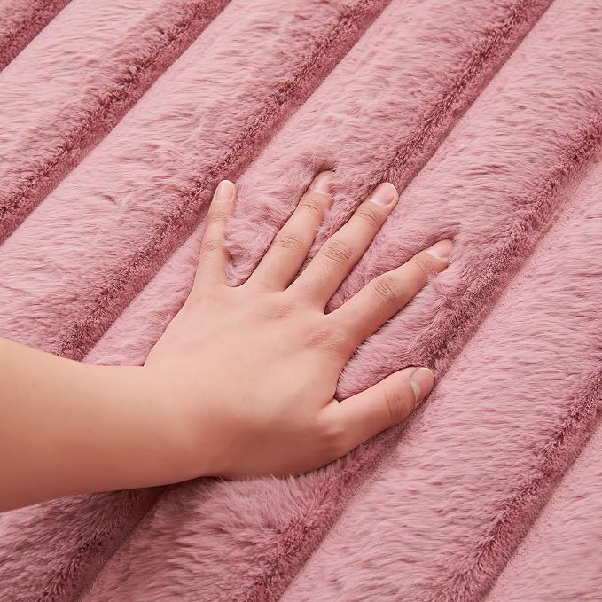 Dusty Rose Rabbit Striped Plush Rug 2'x6', Fluffy Faux Fur Shaggy Area Rug - Image 4