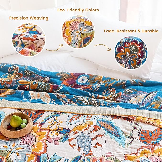MSGKV Boho Throw Blanket 90"x90" Floral Cotton Blanket - Image 3