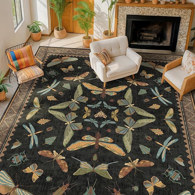 Hazo Haus Black Washable Insect Area Rugs 8x10 by HazoHaus