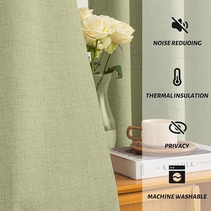 Yakamok Sage Green Linen Curtains 100% Blackout 90 Inches Long, Room Darkening - Image 5