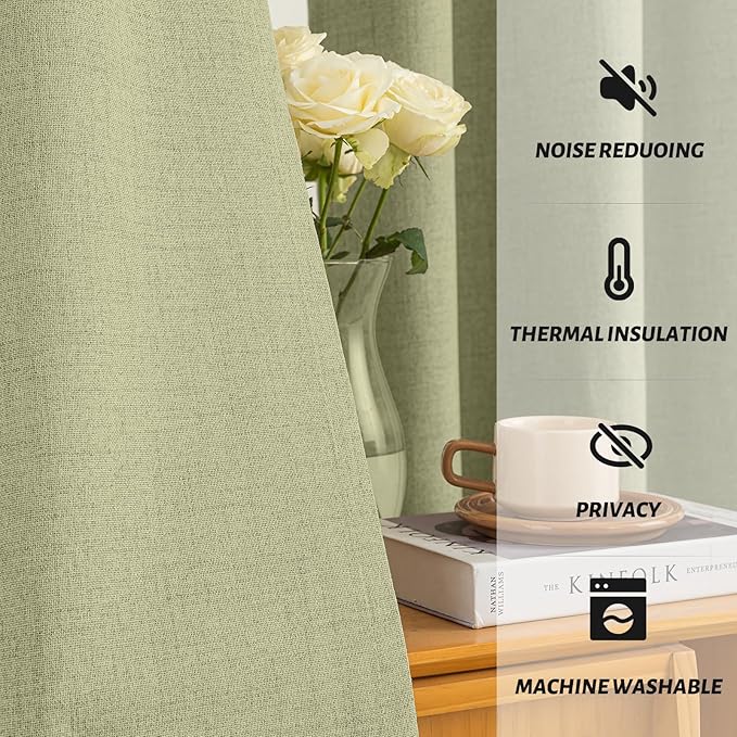 Yakamok Linen Sage Curtains 100% Blackout 84 Inches Long, Room Darkening - Image 5