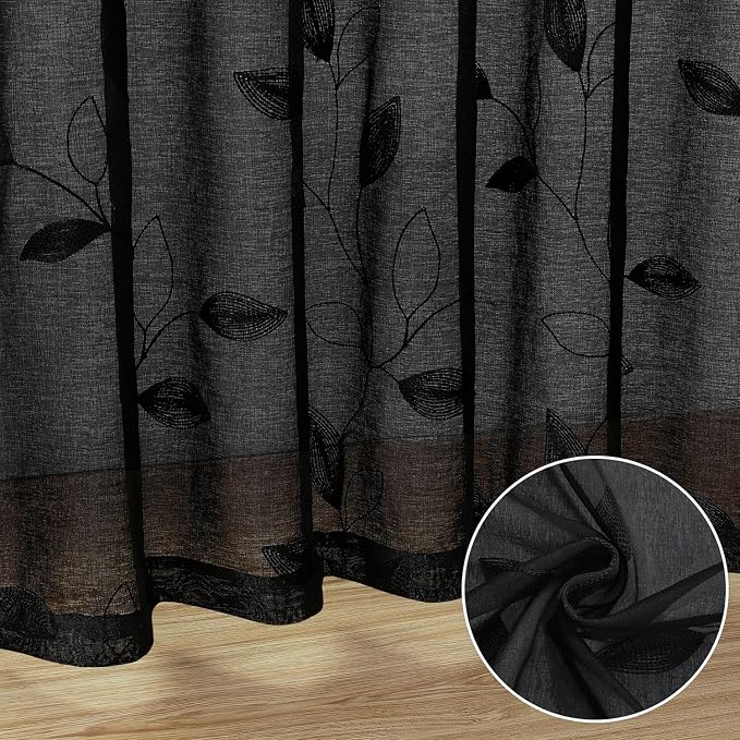 HOMEIDEAS Black Sheer Curtains 52 X 84 Inches Length 2 Panels Black Embroidered - Image 4