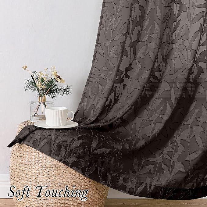 Lecloud Leia Clip Textured Leaf Chocolate Brown Sheer Curtain 63 Inch Length 2 - Image 3