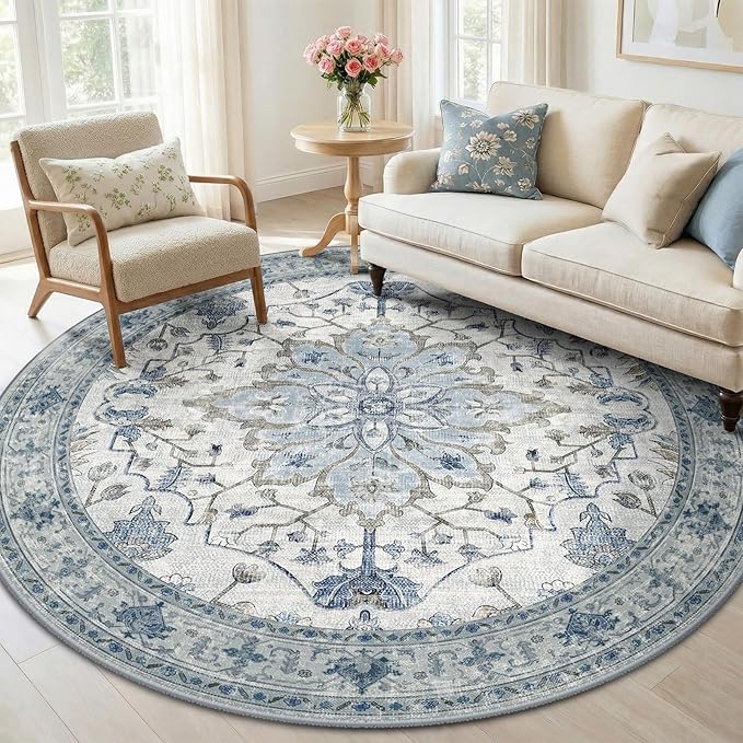 Area Rugs 6ft Washable Non-Slip, Floral Vintage Distress Print Pattern by RELEANY