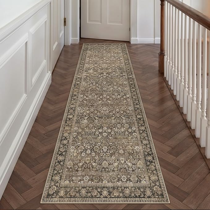 2x12 Brown Vintage Floral Washable Runner Rug by HUGEAR
