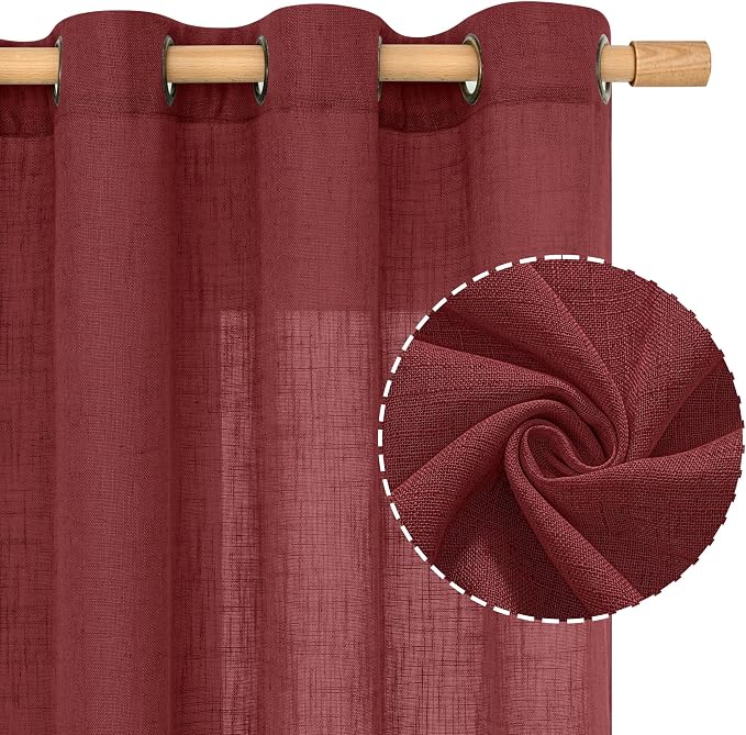 LAMIT Burgundy Red Sheer Linen Curtains 84 inch Length, Light Filtering Semi - Image 2