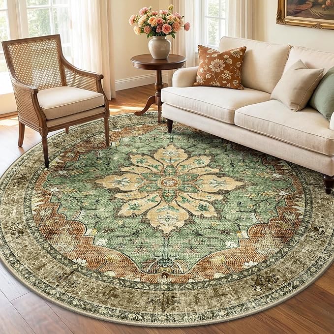 RELEANY Area Rugs 6ft Washable Non-Slip, Floral Vintage Distress Print Pattern by RELEANY