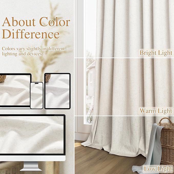 Beige White 100% Blackout Linen Curtains 100 Inch Length 2 Panels Set - Image 7