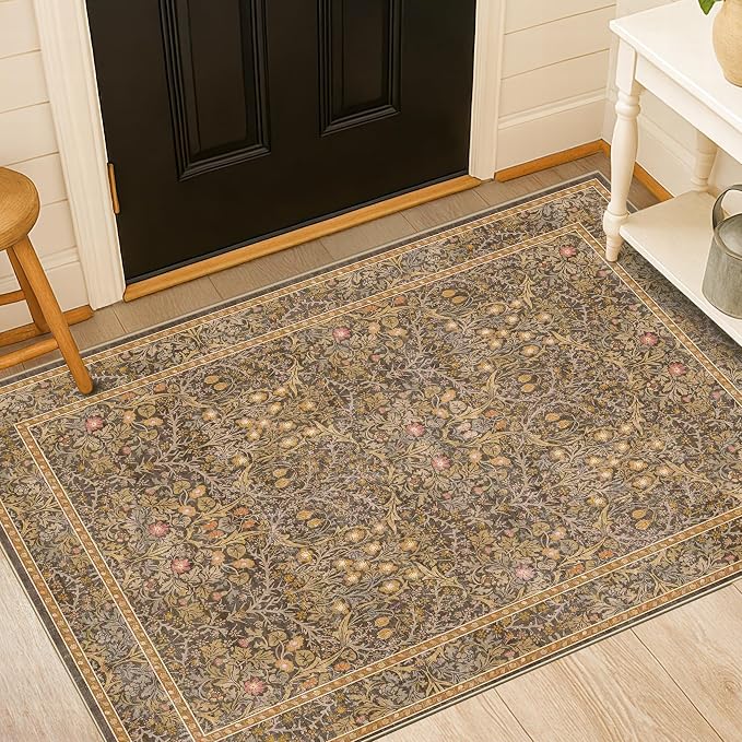Vintage Gold Brown Entryway Rug, 3x4 Washable Area Rugs - Image 6