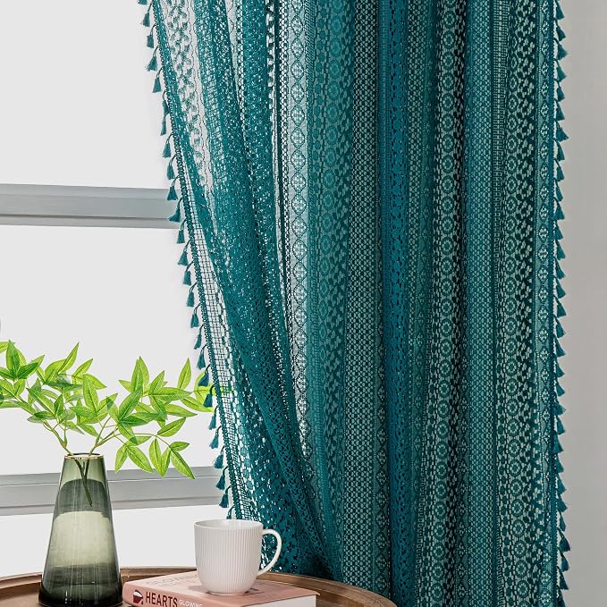 WAZZIO Boho Lace Curtains 72 Inches 2 Panel, Light Filtering Privacy Tassel & - Image 4