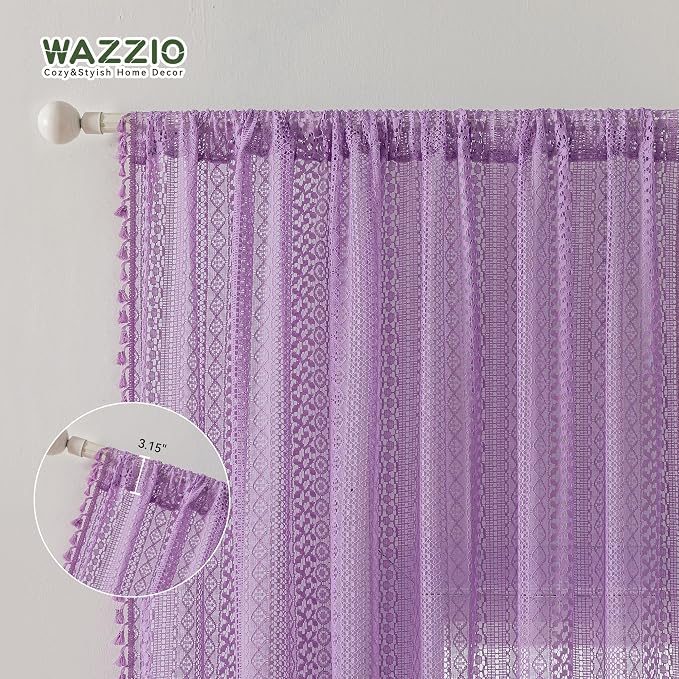 WAZZIO Boho Lace Curtains 84 Inches 2 Panel, Light Filtering Privacy Tassel & - Image 6