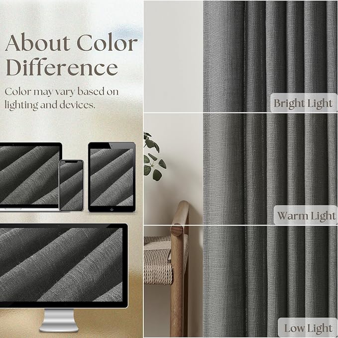 Charcoal Grey Pleated Linen Semi Sheer Curtains 45 Inch Length 2 Panels | - Image 4
