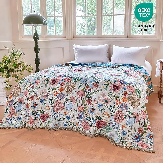 MSGKV Boho Throw Blanket 60"x80" Bed Floral 100% Cotton Blanket Spring - Image 6