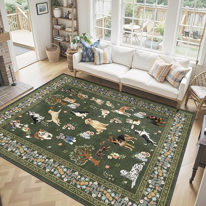 Dark Green Floral Area Rug 8x10 - Image 2
