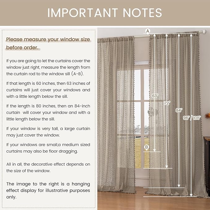 WAZZIO Boho Lace Curtains 84 Inches 2 Panel, Light Filtering Privacy Tassel & - Image 7