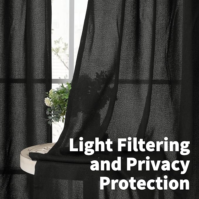 YoungsTex Short Black Linen Semi Sheer Curtains 45 Inch Length 2 Panels | Light - Image 2