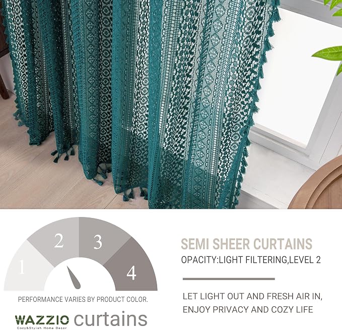 WAZZIO Boho Lace Curtains 45 Inches 2 Panel, Light Filtering Privacy Tassel & - Image 3