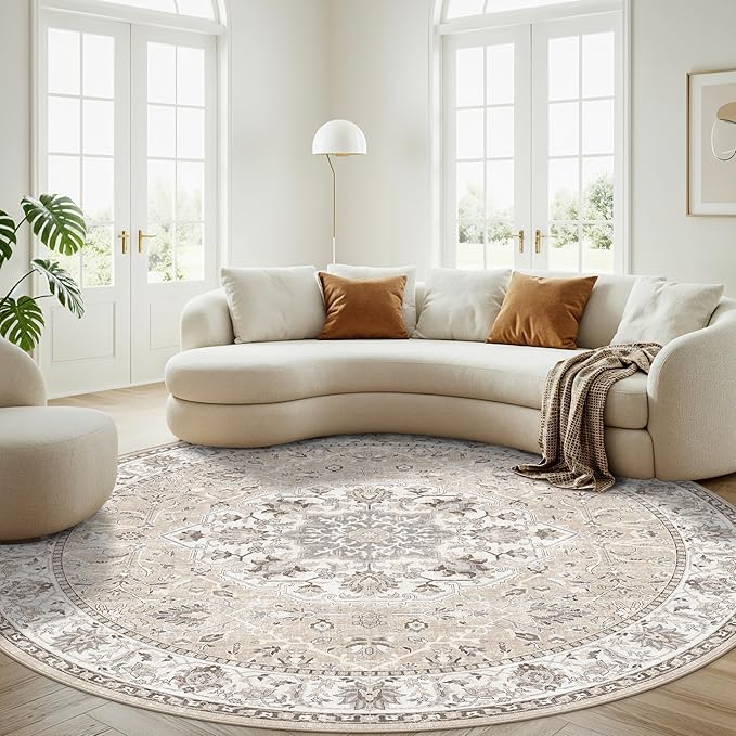 7x7 Living Room Area Rug: Washable Oriental Printed Soft Round Rug - Image 4