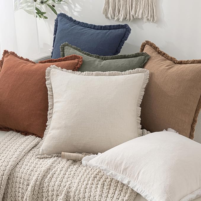 MIULEE Decorative Throw Pillow Covers Neutral Linen Fringe Throw Pillows Euro - Image 7