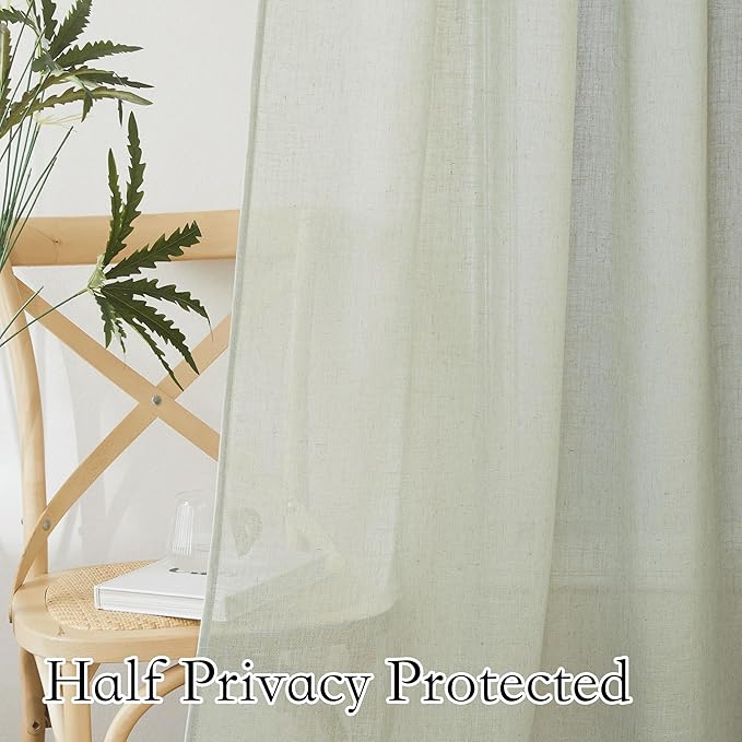 RYB HOME Sage Green Linen Blend Semi Sheer Curtains, 2 Panels Set, Light - Image 4