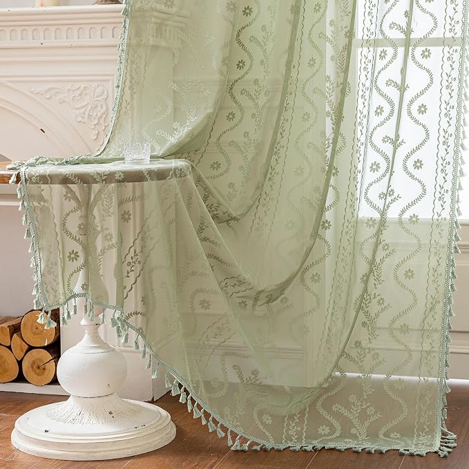 WAZZIO Boho Lace Curtains 2 Panels 63 Inch -Vintage Victorian Sheer Panel Drape - Image 7