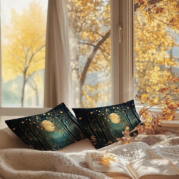 Rustic William Morris Inspired Night Moon Forest Decor Pillow Covers 18x18 Set - Image 6