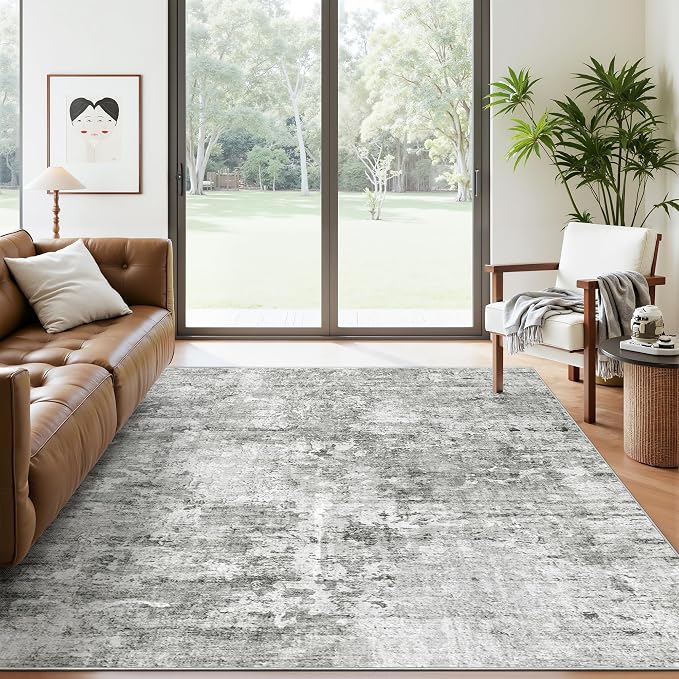 Abstract Rug 5x7 Machine Washable Area Indoor Grey White Low Pile Non-Slip - Image 2