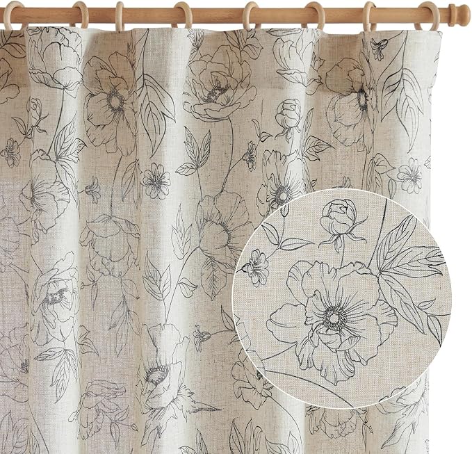 jinchan Floral Linen Curtains for Living Room 63 Inch Length Grey Flower - Image 9