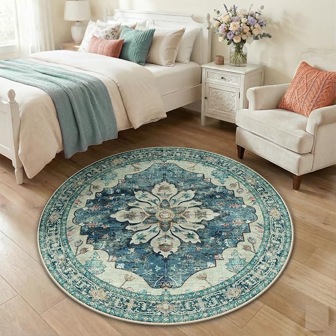 Area Rugs 4ft Washable Non-Slip, Floral Vintage Distress Print Pattern - Image 3