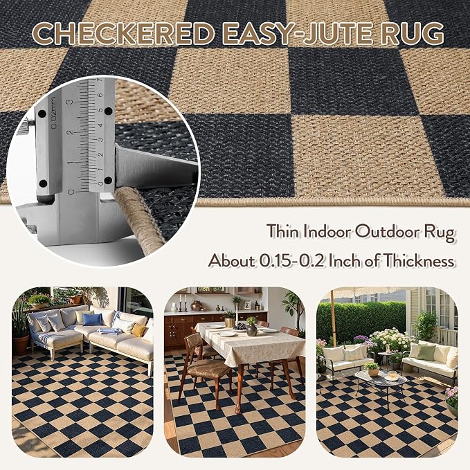 Lahome Colette Checkered Easy Jute Carpet, Washable Area Rug 6x9 Neutral - Image 4
