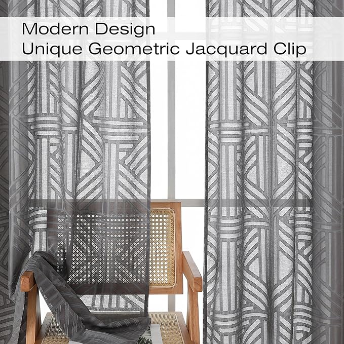 Simplebrand Grey Sheer Kitchen Curtains 36 Inch Length Tier Curtains 2 Panels - Image 3