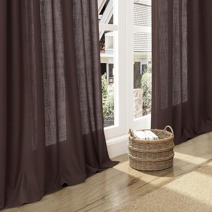 Coffee Linen Textured 96 Inch Curtains 2 Panel Set Back Tab Rod Pocket Sheer - Image 6