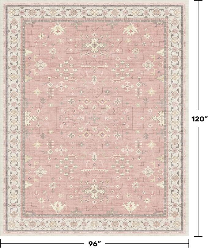 Washable 8x10 Blush Pink Rug for Bedroom Girls Dorm, Floral Retro Living Room - Image 2