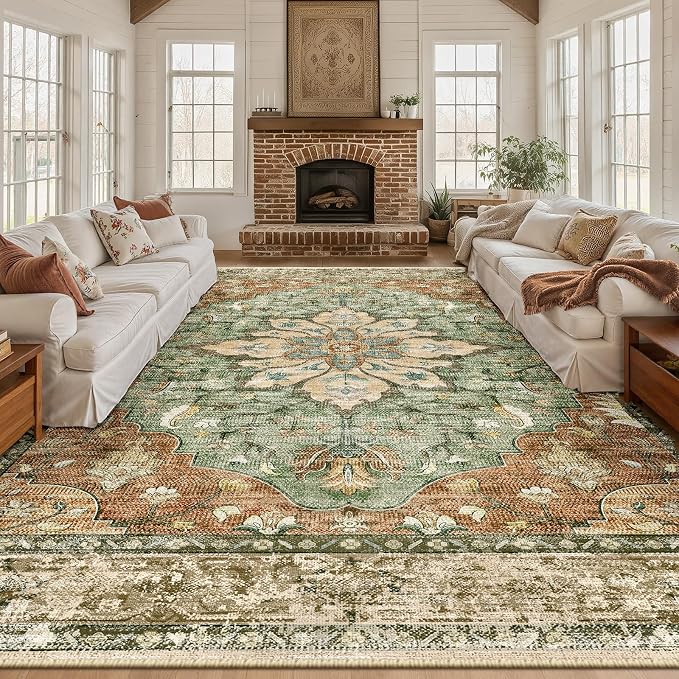 Area Rugs 10'x14' Washable Non-Slip, Floral Vintage Distress Print Pattern by RELEANY