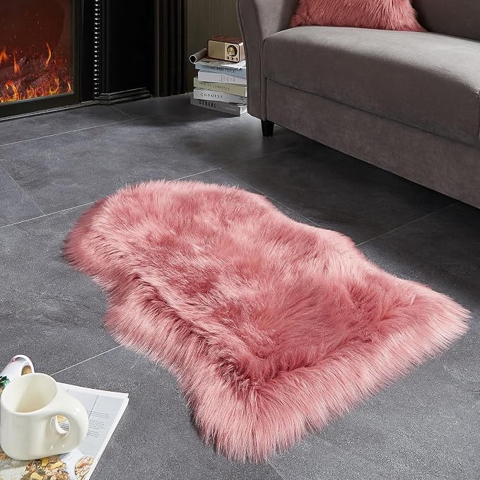 AMTOVO Faux Fur Rug, Blush Pink Small Area Rug, Fluffy Sheepskin Rug, Fuzzy - Image 4