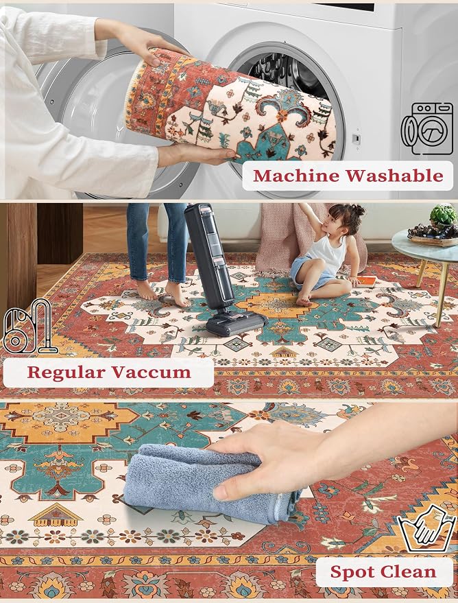 SERISSA Boho Washable Runner Rug, 2x6 Rug Non-Slip Vintage Orange Hallway - Image 2