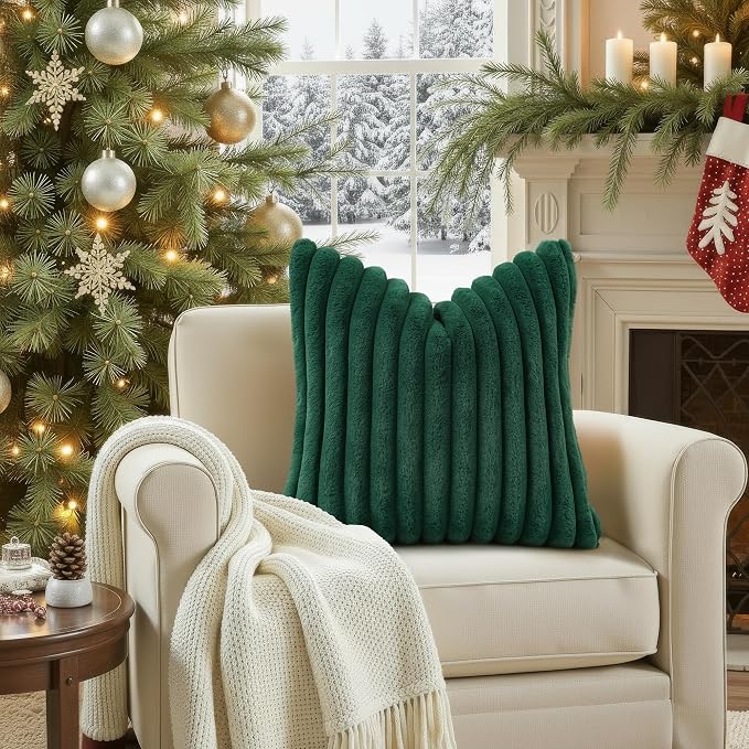 decorUhome Fall Faux Fur Throw Pillow Covers 16x16 Set of 2 Christmas Green | - Image 4