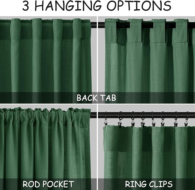 Nanspring Green Boho Curtains for Bedroom Back Tab Rod Pocket Semi Sheer Linen - Image 3